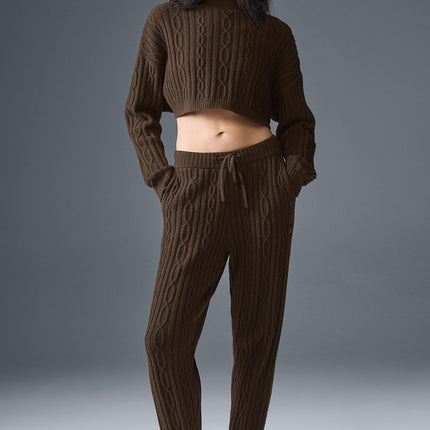 alo Women's Cable Knit Cropped Winter Bliss Turtleneck Long Sleeve - Espresso
