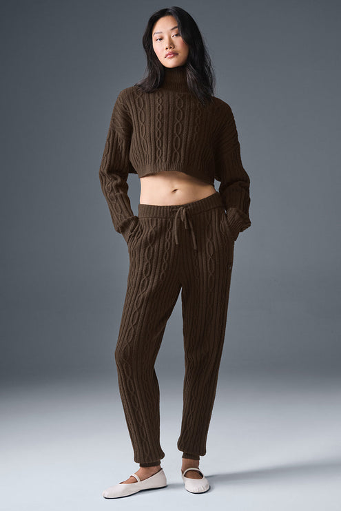 alo Women's Cable Knit Cropped Winter Bliss Turtleneck Long Sleeve - Espresso