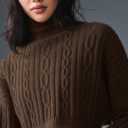 alo Women's Cable Knit Cropped Winter Bliss Turtleneck Long Sleeve - Espresso