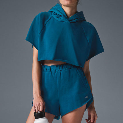 alo Women's Cropped In The Air Short Sleeve Hoodie - Eclipse Blue