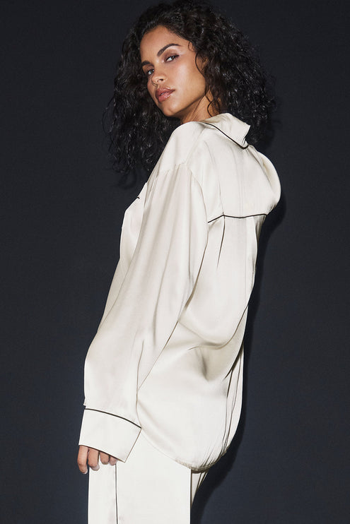 alo Women's Courchevel Silk Button Down - Ivory/Black