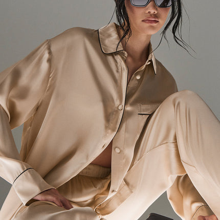 alo Women's Courchevel Silk Button Down - Champagne Pop/Black