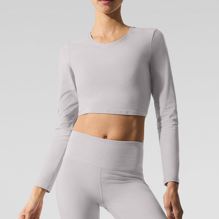 alo Women's Washed Alosoft Crop Finesse Long Sleeve - Grey Sky Wash