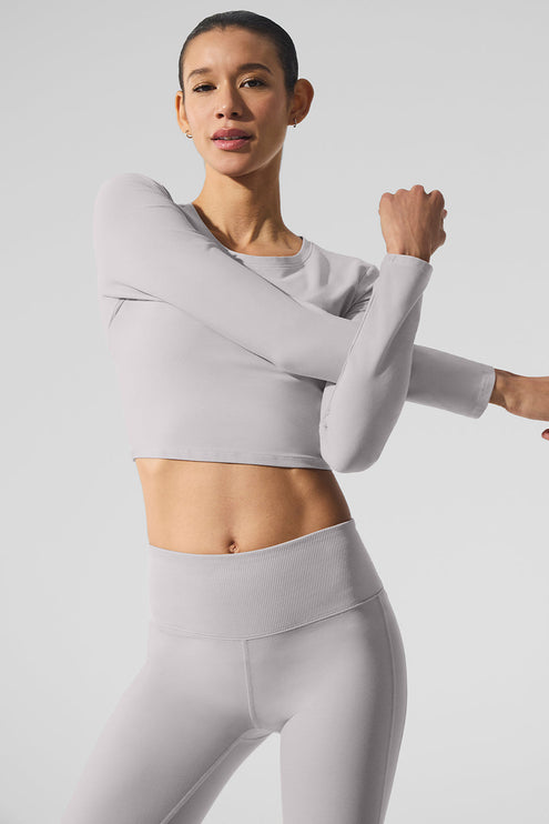 alo Women's Washed Alosoft Crop Finesse Long Sleeve - Grey Sky Wash