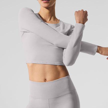 alo Women's Washed Alosoft Crop Finesse Long Sleeve - Grey Sky Wash