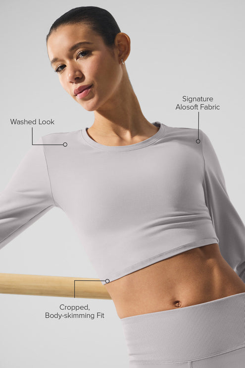 alo Women's Washed Alosoft Crop Finesse Long Sleeve - Grey Sky Wash