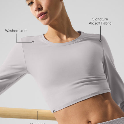 alo Women's Washed Alosoft Crop Finesse Long Sleeve - Grey Sky Wash