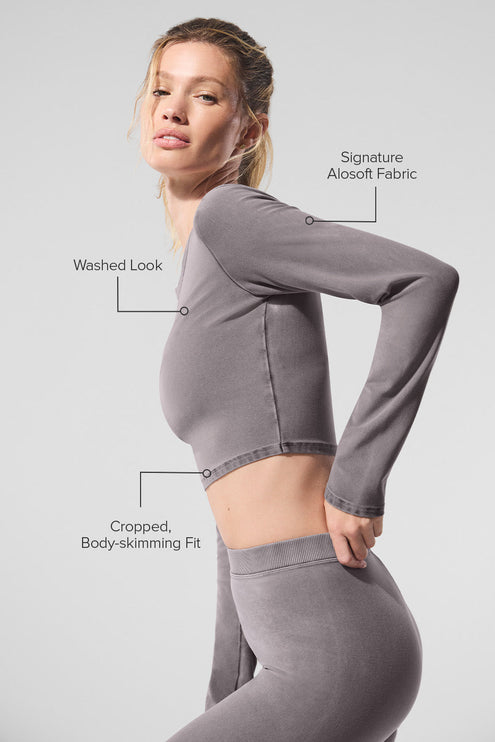 alo Women's Washed Alosoft Crop Finesse Long Sleeve - Cool Grey Wash