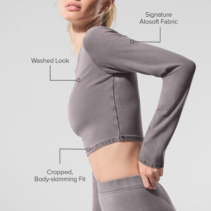 alo Women's Washed Alosoft Crop Finesse Long Sleeve - Cool Grey Wash
