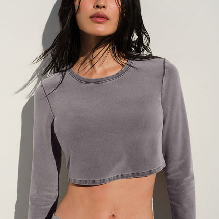 alo Women's Washed Alosoft Crop Finesse Long Sleeve - Cool Grey Wash