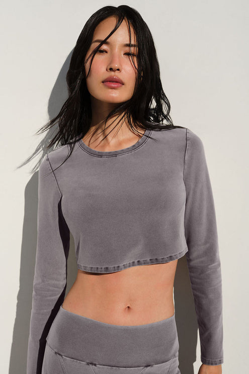 alo Women's Washed Alosoft Crop Finesse Long Sleeve - Cool Grey Wash