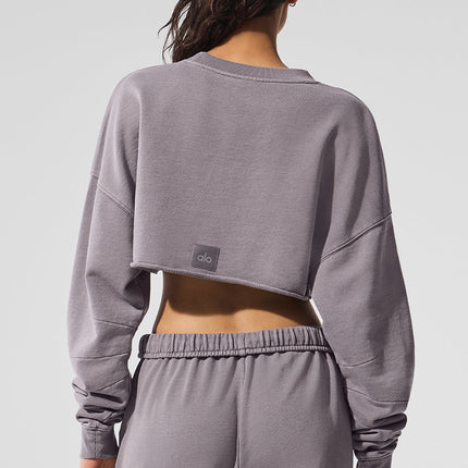 alo Women's Washed Extreme Cropped Pullover - Cool Grey Wash