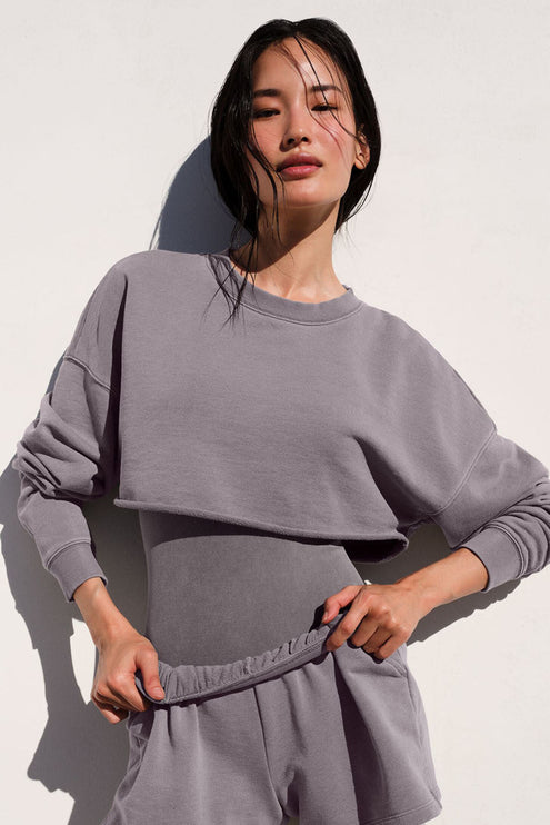 alo Women's Washed Extreme Cropped Pullover - Cool Grey Wash