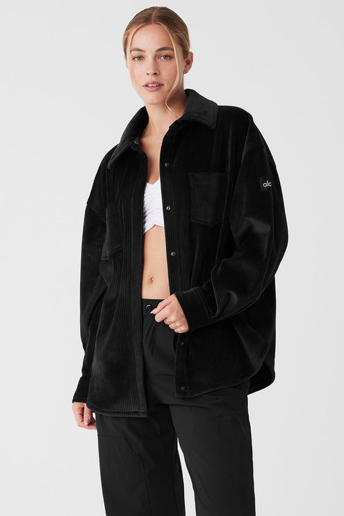 alo Women's Ribbed Velour Mountain Side Shacket - Black