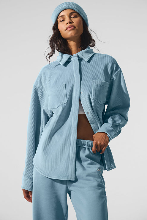 alo Women's Ribbed Velour Mountain Side Shacket - Celestial Blue