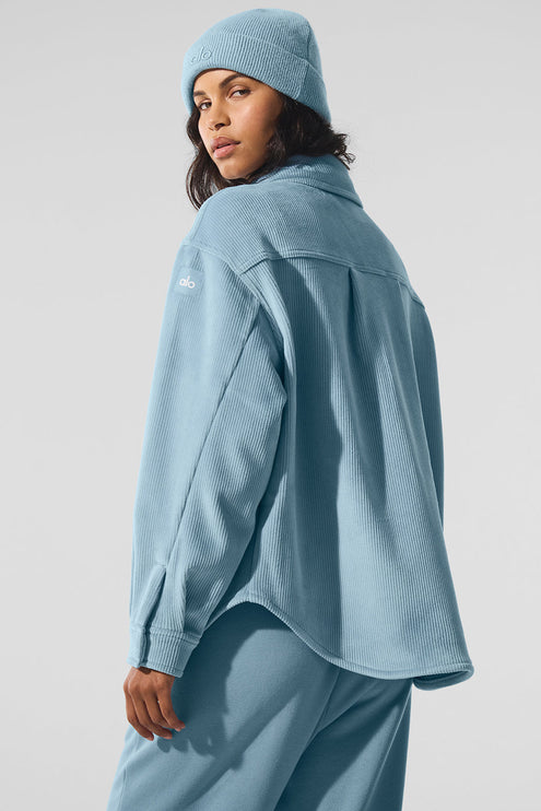 alo Women's Ribbed Velour Mountain Side Shacket - Celestial Blue