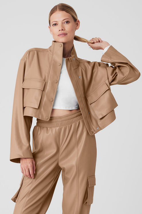 alo Women's Faux Leather Power Hour Jacket - Toasted Almond