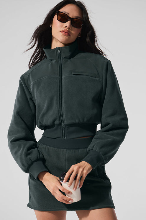 alo Women's Polar Fleece Cropped Wintry Mix Jacket - Charcoal Green
