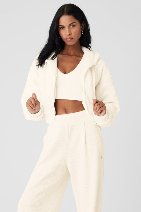 alo Women's Cropped Cozy Day Full Zip Jacket - Ivory