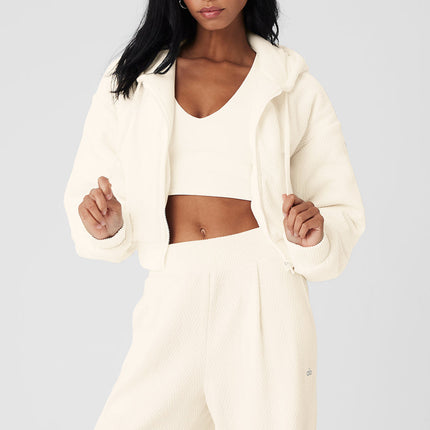alo Women's Cropped Cozy Day Full Zip Jacket - Ivory