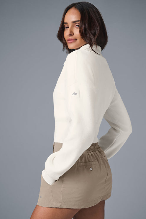 alo Women's Scholar Knit Cropped Full Zip Jacket - Ivory