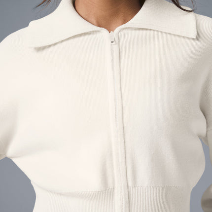 alo Women's Scholar Knit Cropped Full Zip Jacket - Ivory