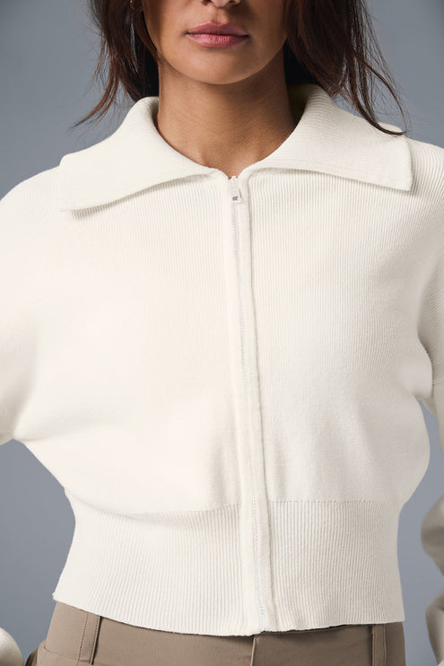 alo Women's Scholar Knit Cropped Full Zip Jacket - Ivory