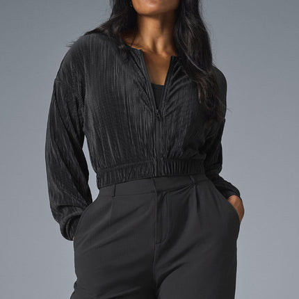 alo Women's Cropped Micro Plisse Jacket - Black