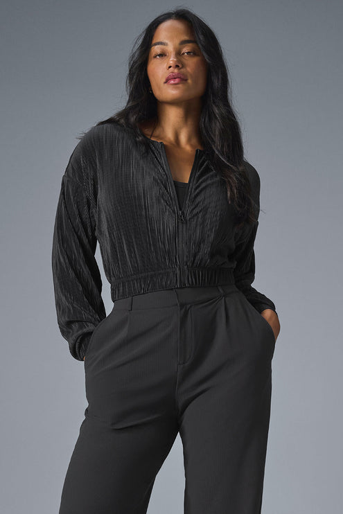 alo Women's Cropped Micro Plisse Jacket - Black