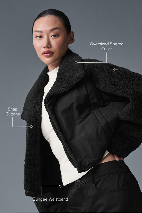 alo Women's Sherpa Cozy Escape Puffer - Black/Black