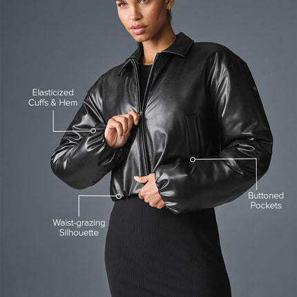 alo Women's Faux Leather Cropped Premier Bomber - Black