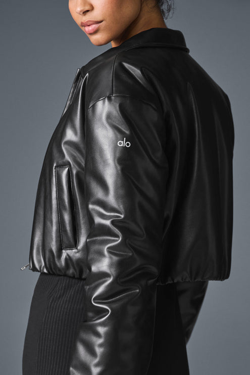 alo Women's Faux Leather Cropped Premier Bomber - Black