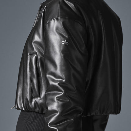 alo Women's Faux Leather Cropped Premier Bomber - Black