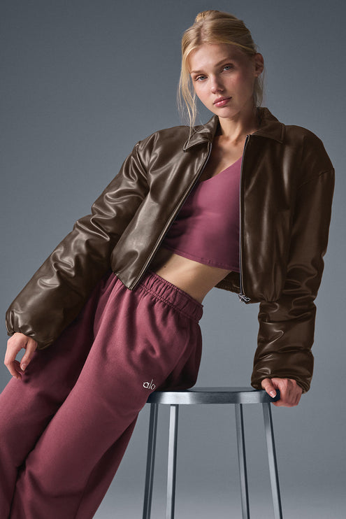 alo Women's Faux Leather Cropped Premier Bomber - Espresso