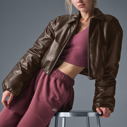 alo Women's Faux Leather Cropped Premier Bomber - Espresso