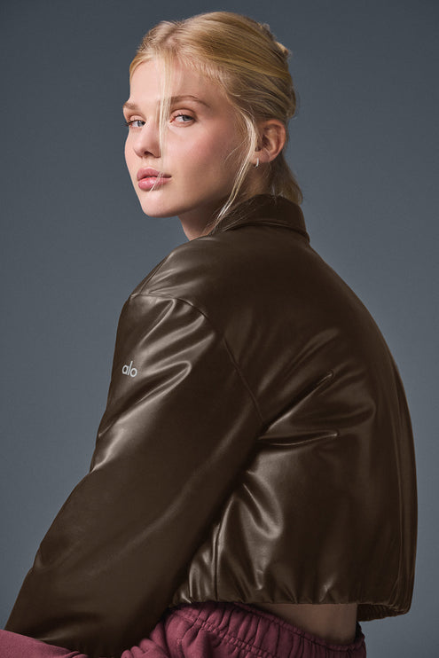 alo Women's Faux Leather Cropped Premier Bomber - Espresso