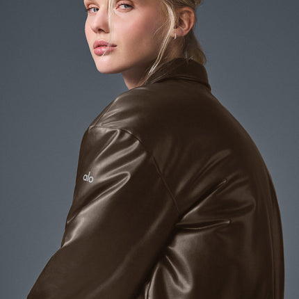 alo Women's Faux Leather Cropped Premier Bomber - Espresso