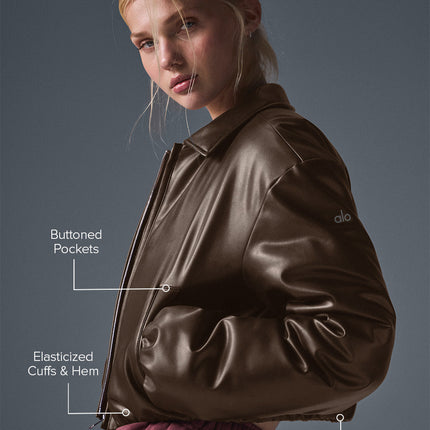 alo Women's Faux Leather Cropped Premier Bomber - Espresso