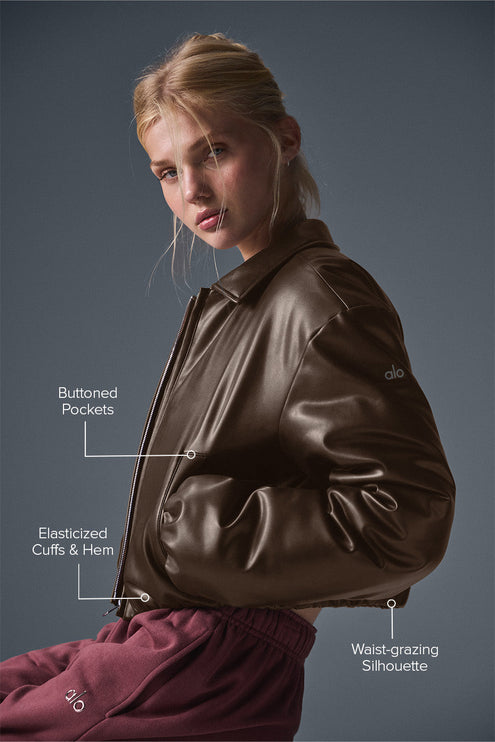 alo Women's Faux Leather Cropped Premier Bomber - Espresso