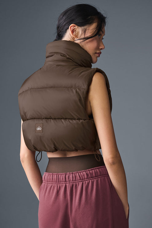 alo Women's Cropped Gold Rush Puffer Vest - Espresso