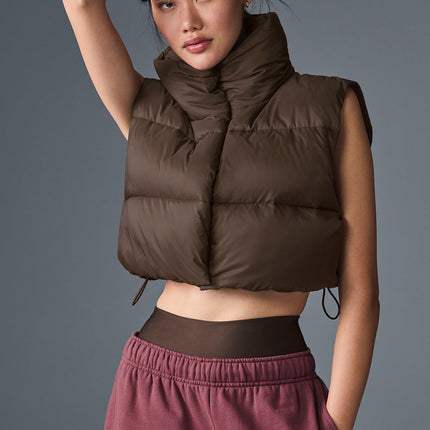 alo Women's Cropped Gold Rush Puffer Vest - Espresso
