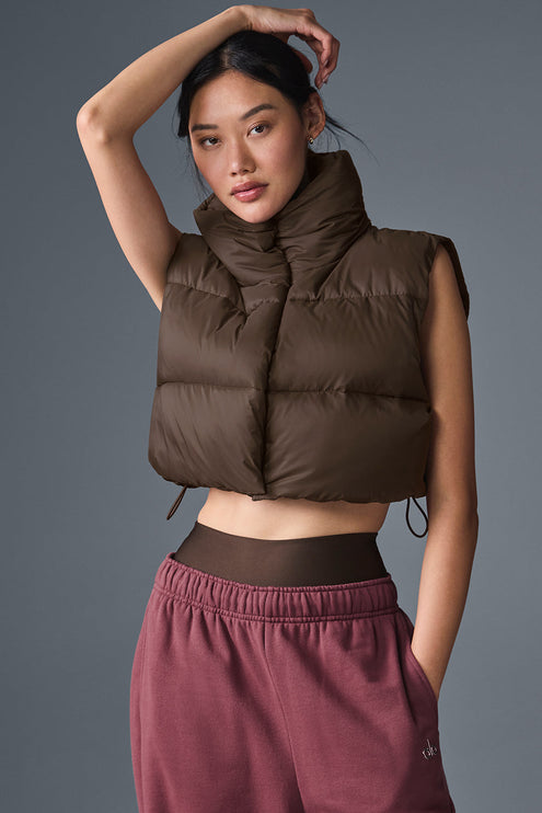 alo Women's Cropped Gold Rush Puffer Vest - Espresso