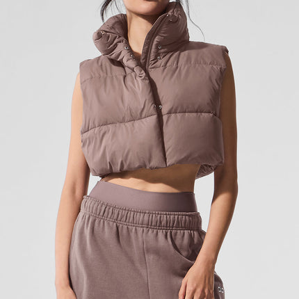 alo Women's Extreme Cropped Gold Rush Puffer Vest - Mushroom