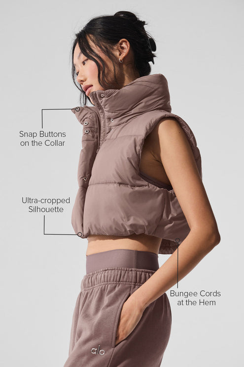alo Women's Extreme Cropped Gold Rush Puffer Vest - Mushroom