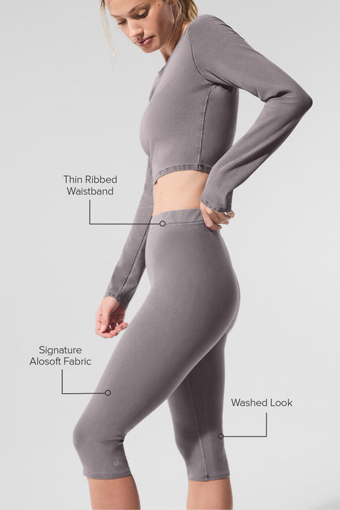 alo Women's Washed Alosoft High-Waist Iconic 90's Capri - Cool Grey Wash