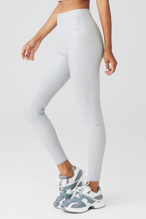 alo Women's Alosoft Ribbed High-Waist Shimmer Legging - Light Grey Iridescent