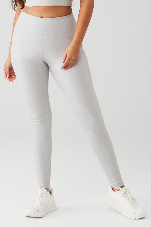alo Women's Alosoft Ribbed High-Waist Shimmer Legging - Light Grey Iridescent