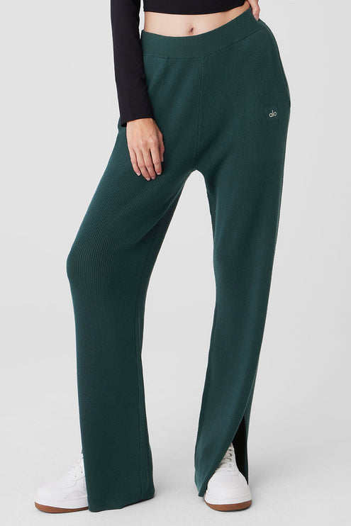 alo Women's Knit High-Waist Salana Wide Leg Pant - Midnight Green