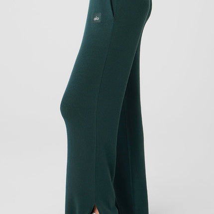 alo Women's Knit High-Waist Salana Wide Leg Pant - Midnight Green