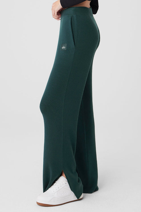 alo Women's Knit High-Waist Salana Wide Leg Pant - Midnight Green
